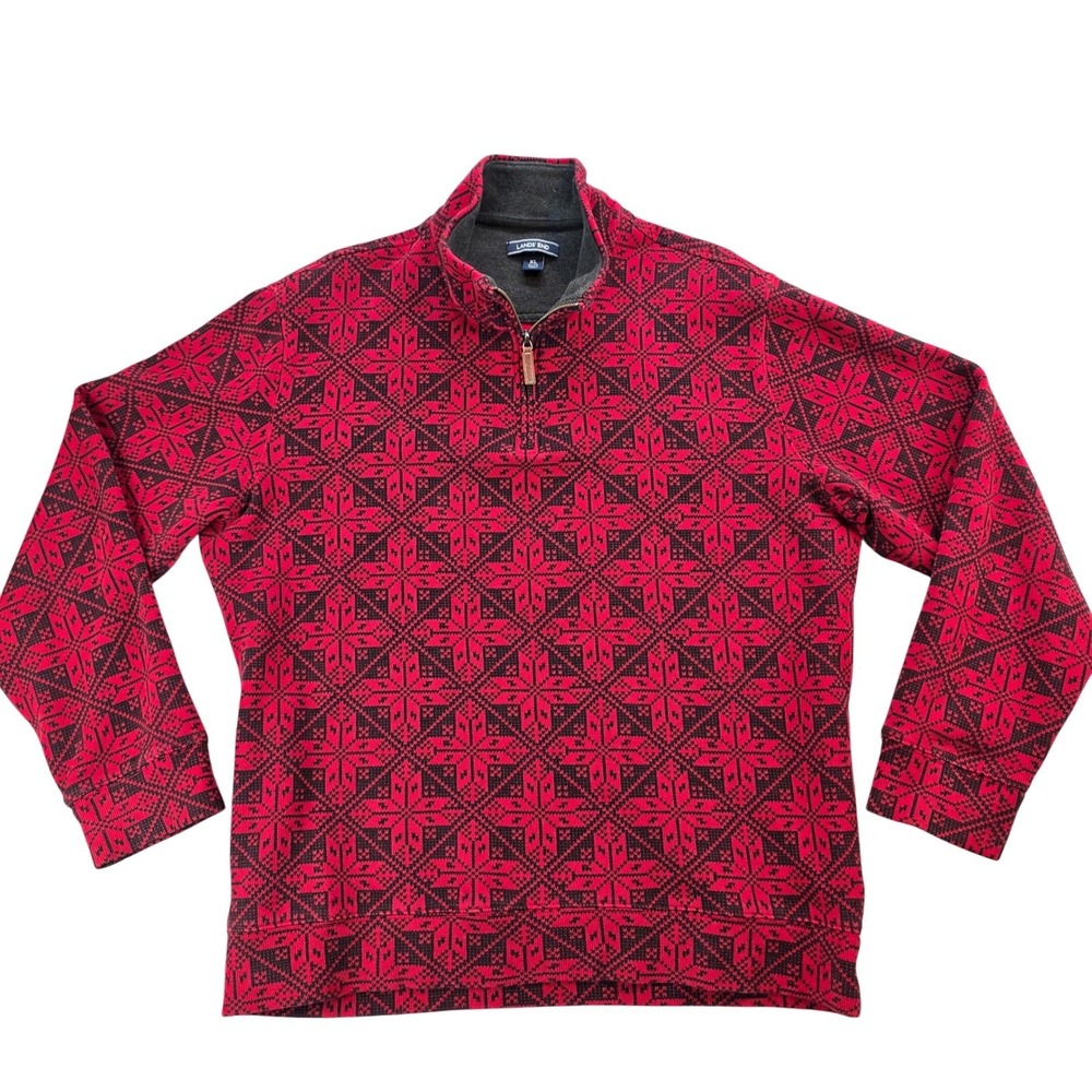 Lands' End Mens XL 1/4 Zip Pullover Sweater Red Black Fairisle Snowflake‎ Cotton